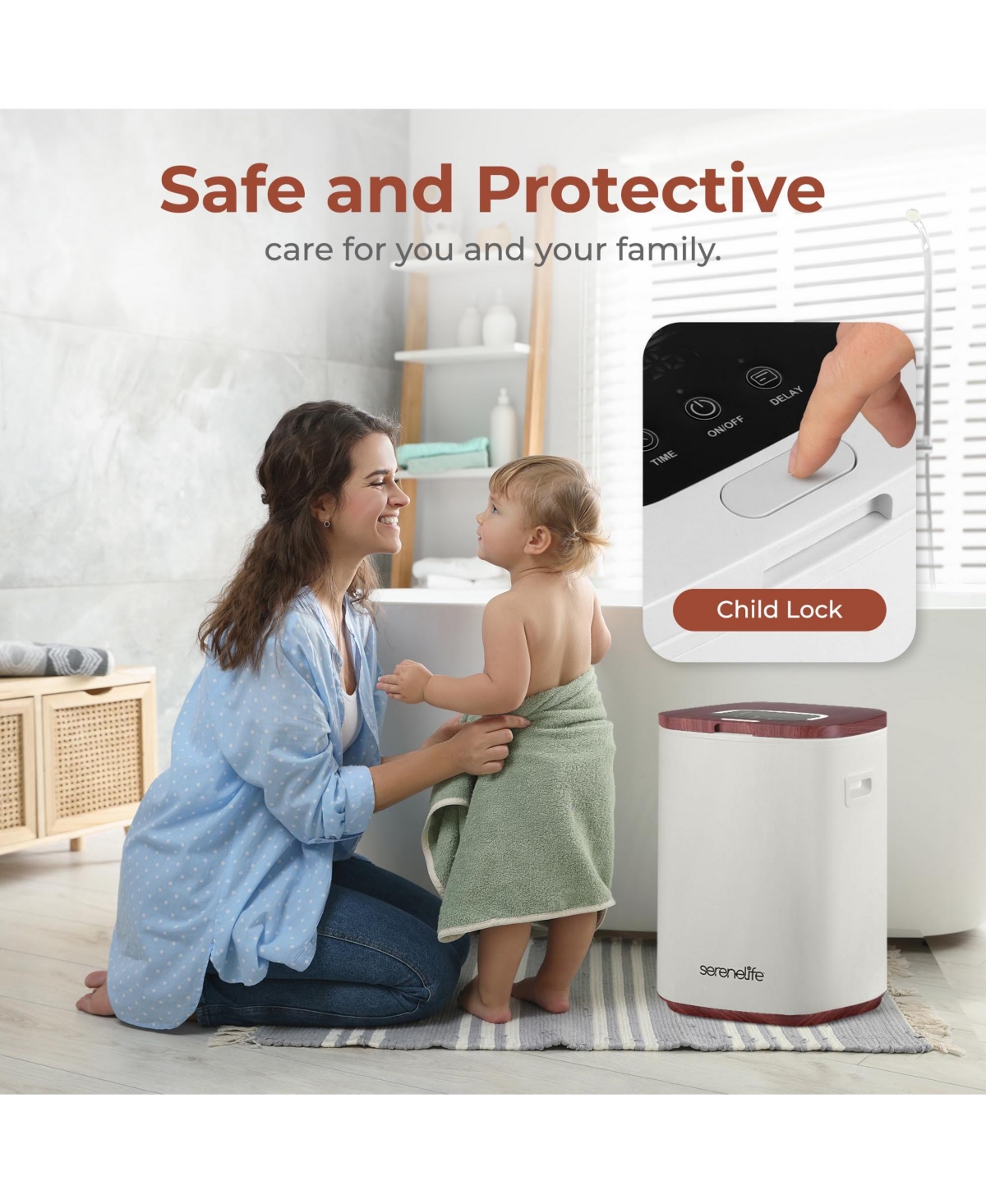 SereneLife SLTLWSQ83 Warmer-23L Capacity Bucket with Timer Function, Fits Up to Two Oversized Towels for Bathroom, Wood