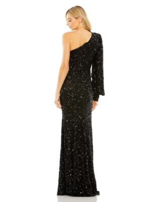 Women's Sequined One Shoulder Bishop Sleeve Trumpet Gown