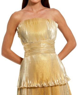 Women's Strapless Pleated Metallic Layered High Low Gown