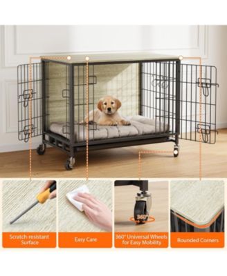 27" Grey & Black Modern Furniture-Style Dog Crate with Double Door, 360° Rotating Wheels, Anti-Slip Feet & Divider, End Table Design