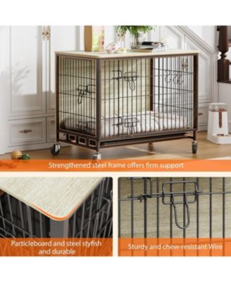 27" Grey & Black Modern Furniture-Style Dog Crate with Double Door, 360° Rotating Wheels, Anti-Slip Feet & Divider, End Table Design