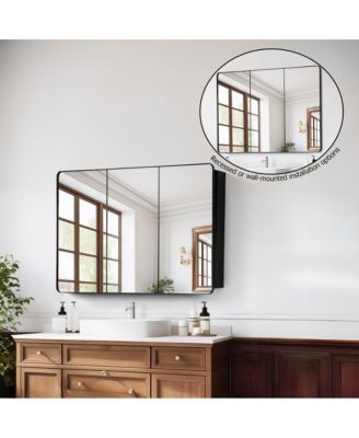 3-Door Aluminum Bathroom Medicine Cabinet, Round Corner Framed Door - Versatile Recessed Medicine Cabinet or Surface Mount, Mirrored Door Cabinet with Adjustable Glass Shelves, Matte Black