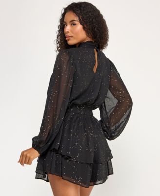 Juniors' Long Sleeve Foil Dot Tie Dress