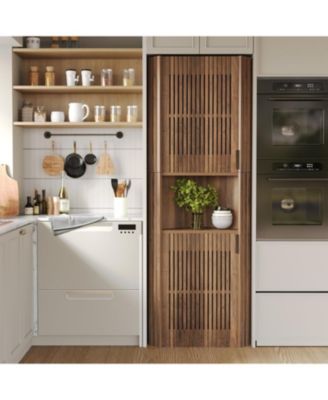 78'H Corner Cabinet, Farmhouse Kitchen Pantry Storage Cabinet, Ventilated Grille Style Doors, Walnut