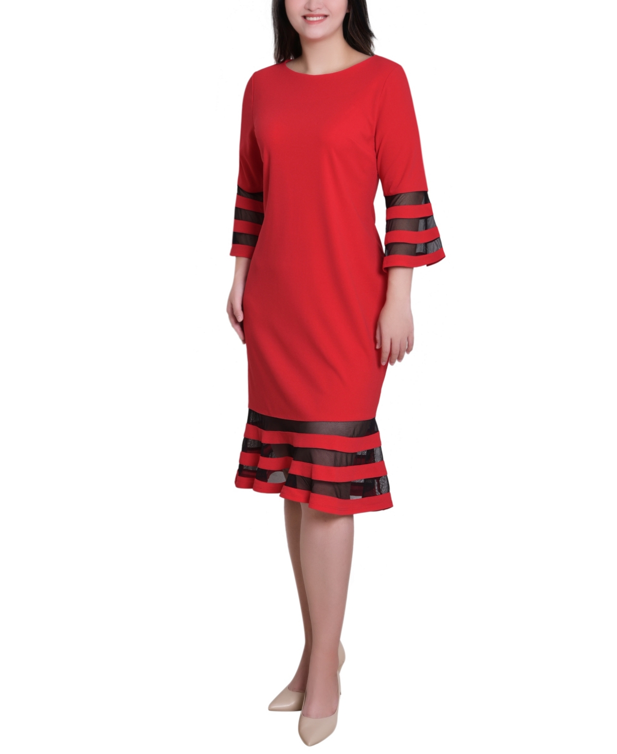 Ny Collection Women's Shadow Stripe Elbow Sleeve Dress In Red