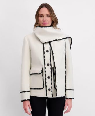 Women's Scarf Collar Faux Wool Jacket with Whipstitch Detail