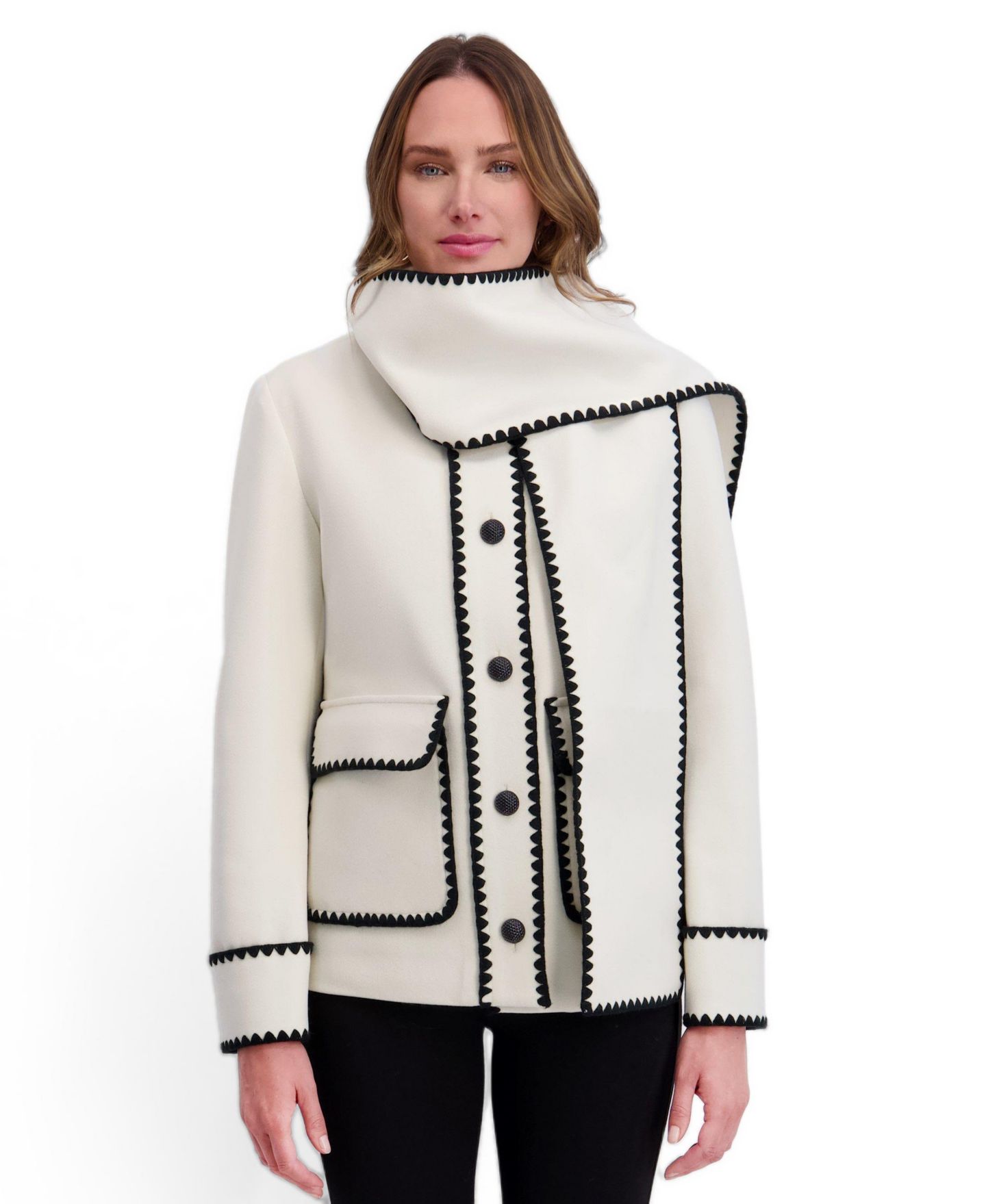 Женская куртка Kensie Scarf Collar Faux Wool Jacket with Whipstitch Detail, цвет: Чёрный / Белый — фото 3