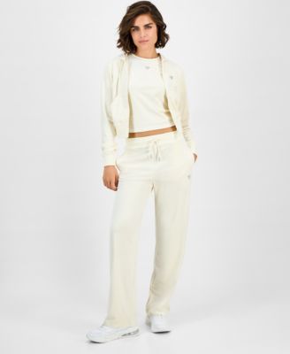 Guess Womens Couture Cropped Velour Hoodie Short Sleeve Velour T Shirt Straight Leg Velour Pants In Neutral