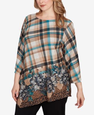 Plus Size Floral Plaid Cozy Ballet Neck Top