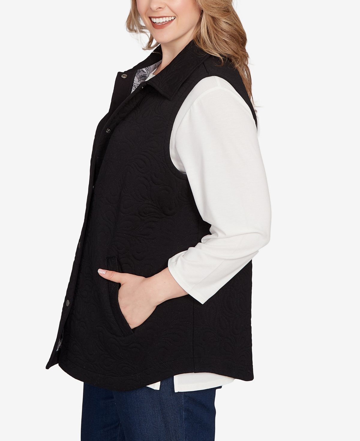 Ruby Rd. Plus Size Quilted Terry Inner Beauty Vest Jacket In Black