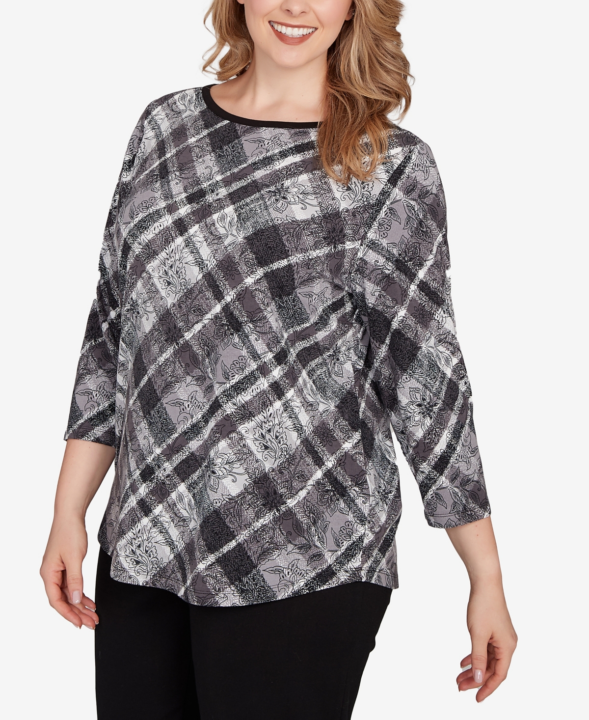 Ruby Rd. Plus Size Solid Tipped Plaid Knit Top In Gray