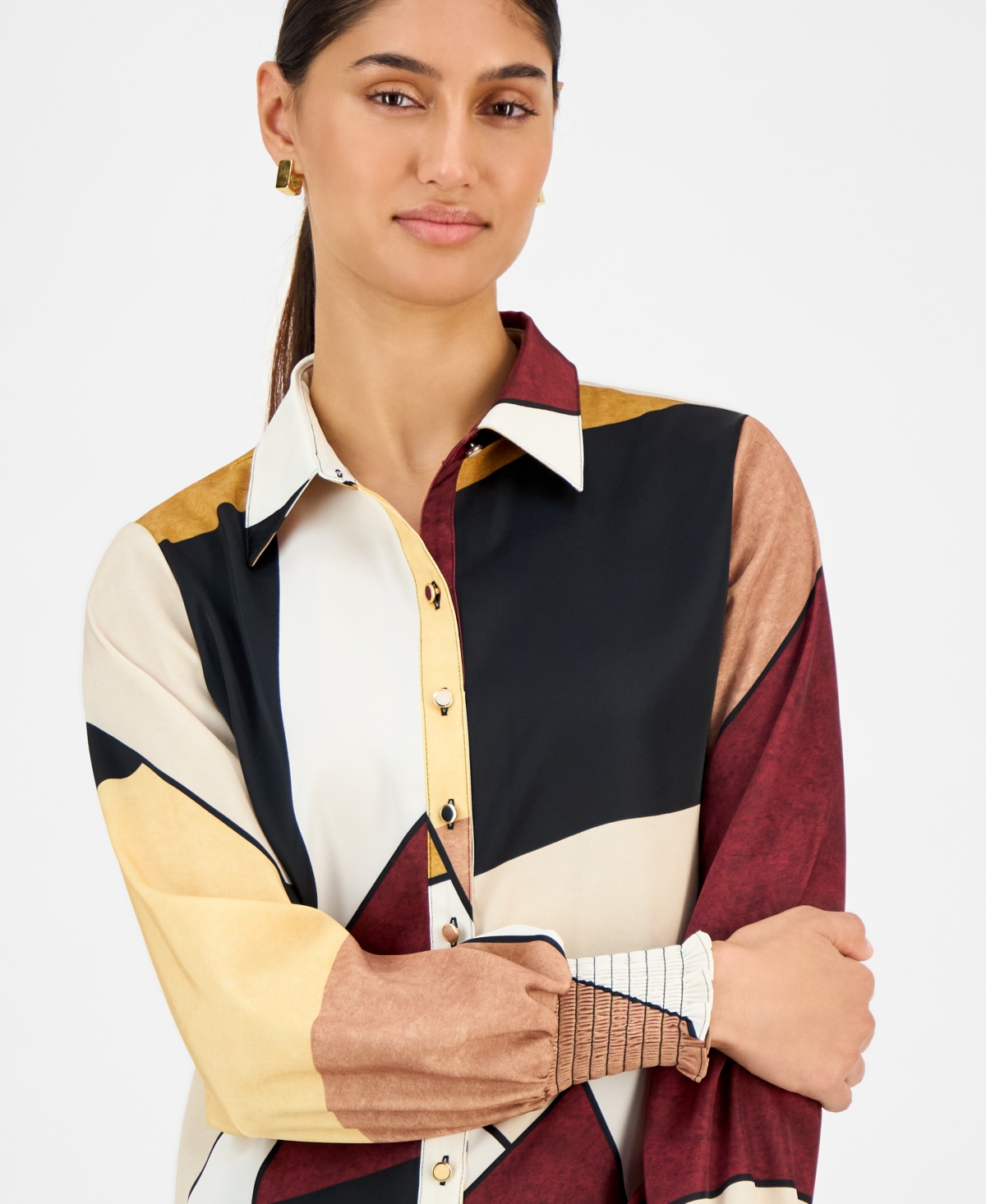T Tahari Women's Printed Blouson-Sleeve Shirt