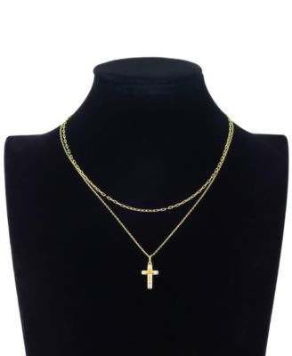 Cubic Zirconia Cross Pendant Layered Necklace and Hoop Earring Set