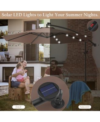 10' Hanging Solar LED Umbrella Patio Sun Shade Offset Market W/Base