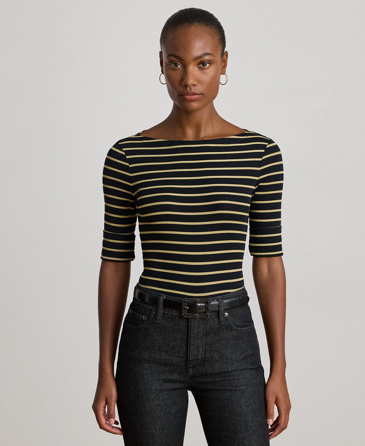 Lauren Ralph Petite Metallic Striped Boat Neck T-Shirt