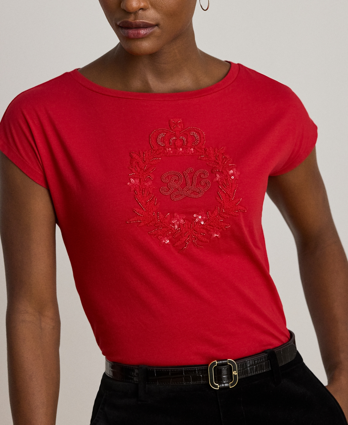 Ralph Lauren Petite Sequin Crest Jersey T-shirt In Red