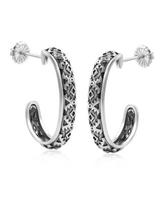 Sterling Silver Patterned J-Hoop 1 Inch Earrings