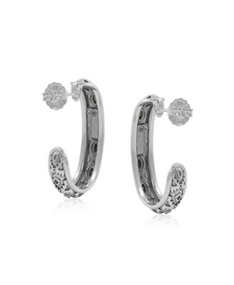 Sterling Silver Green Serpentine Patterned J-Hoop 1 Inch Earrings