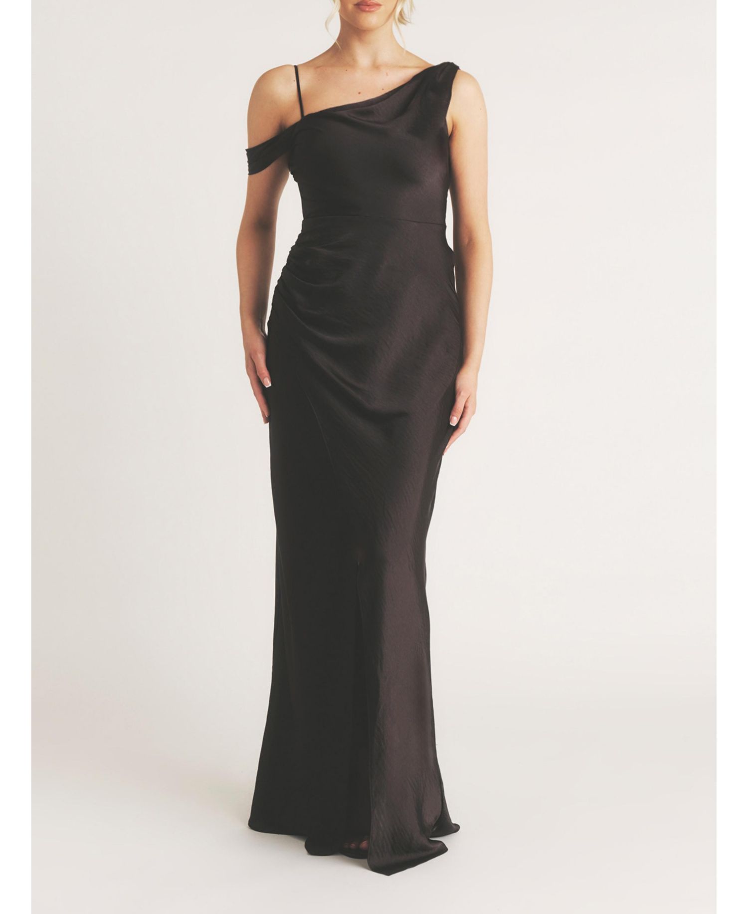 Women's Asymmetric Bardot Satin Bridesmaid Dress