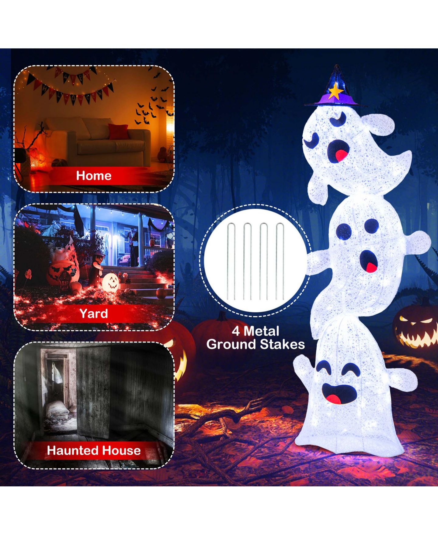 Детская игрушка Costway 4 FT Lighted Stacked Ghosts Standing Halloween Decoration with 120, цвет: Белый — фото 6