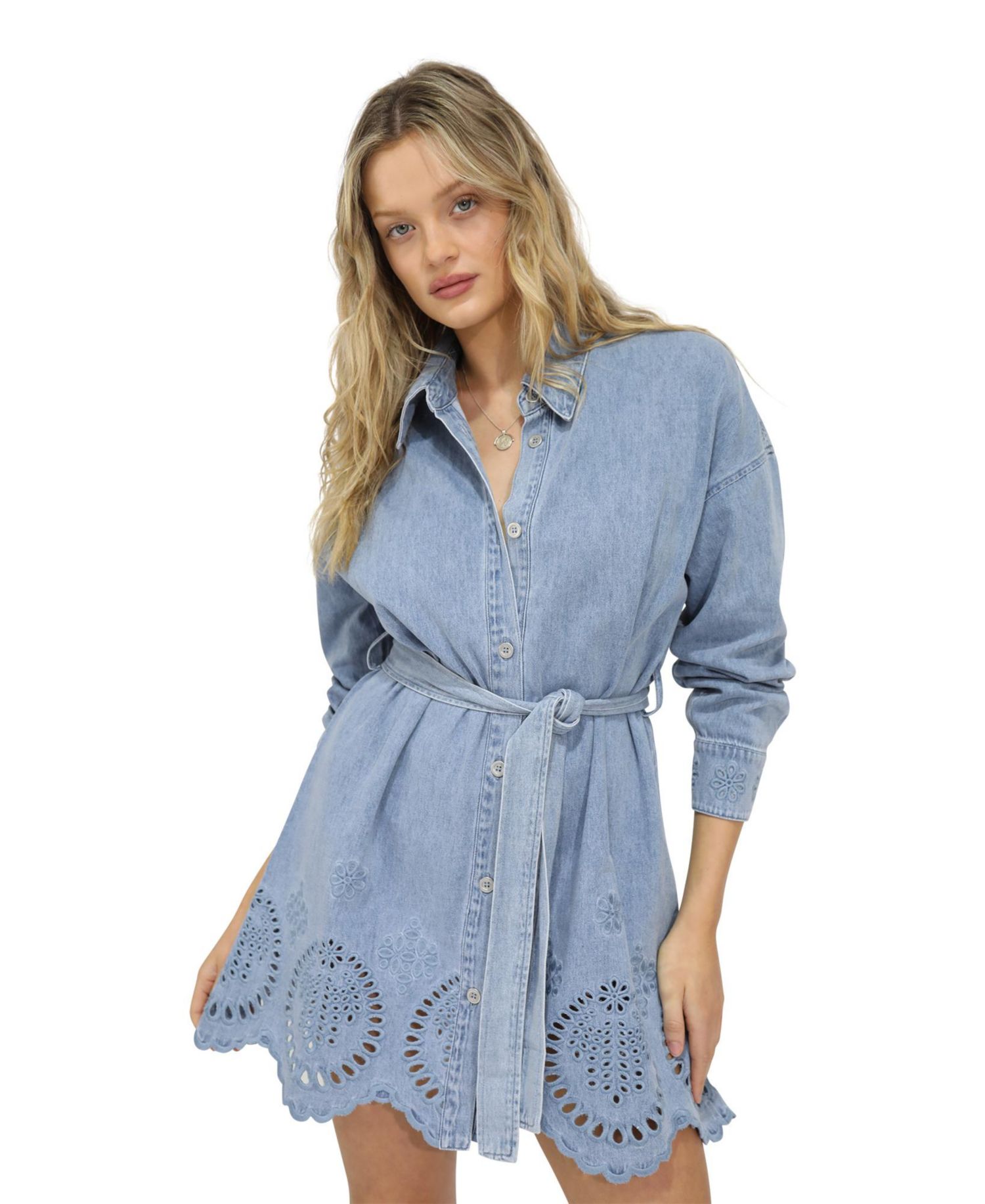 Women's Belle and Bloom Sunday Somewhere Denim Broderie Mini Shirt Dress