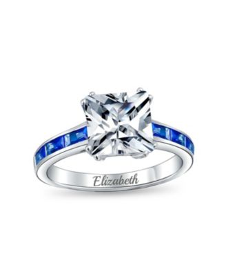 Classic 3CT CZ Square Princess Cut Promise Ring Cubic Zirconia Blue Channel Set Baguette Band Sterling Silver