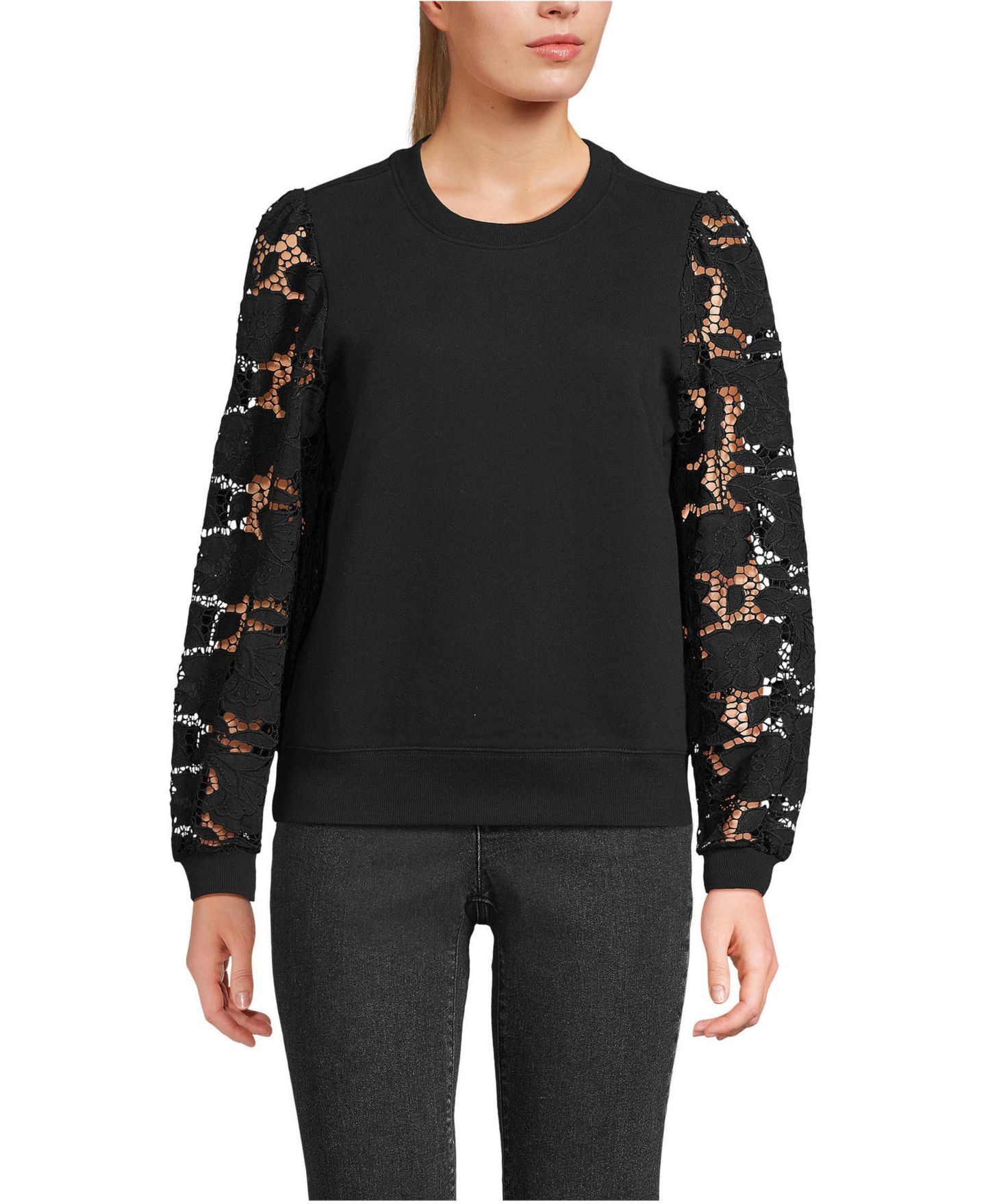 Женская толстовка Lands' End Serious Sweats Lace Sleeve, цвет: Чёрный — фото 1