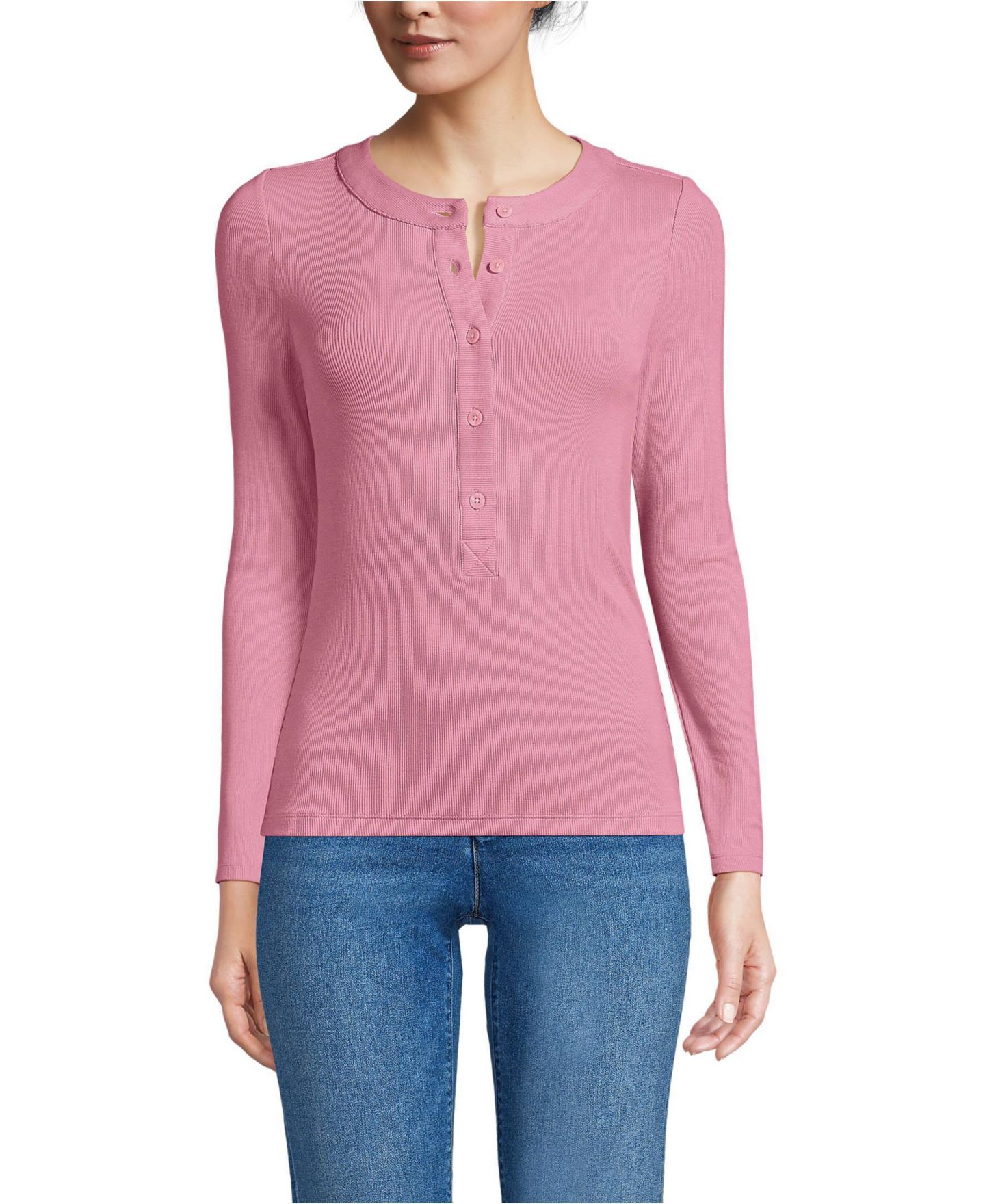 Женская футболка Lands' End Drapey Rib Fitted Long Sleeve Henley, цвет: Мягкий розовый — фото 1