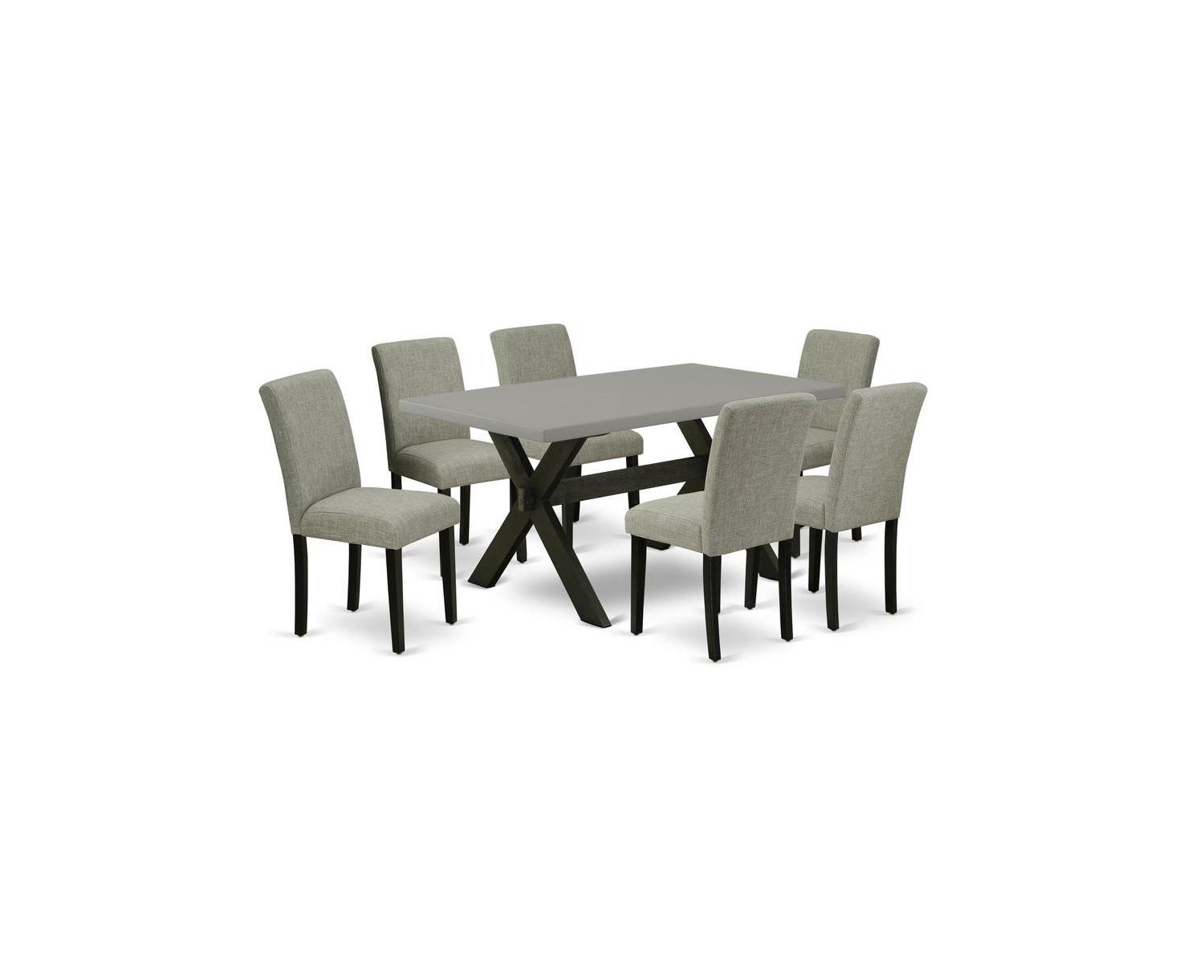 7-Pc Rubberwood Cement Table Top Shitake Linen Upholstery High Chair Back Rectangular Dining Set