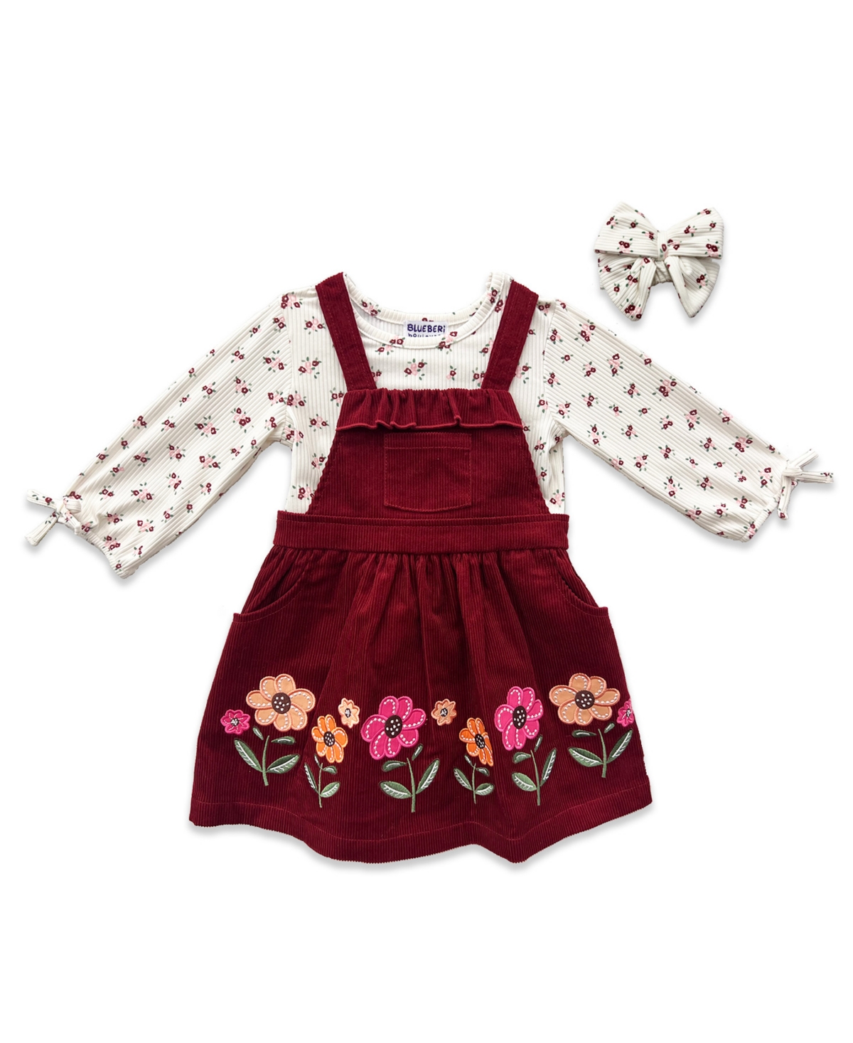 Blueberi Boulevard Baby Girls 3-piece Floral Top, Headband And Cord Jumper Set In Multi