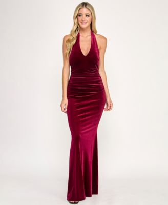 Juniors' Velvet Plunge Halter Neck Long Gown