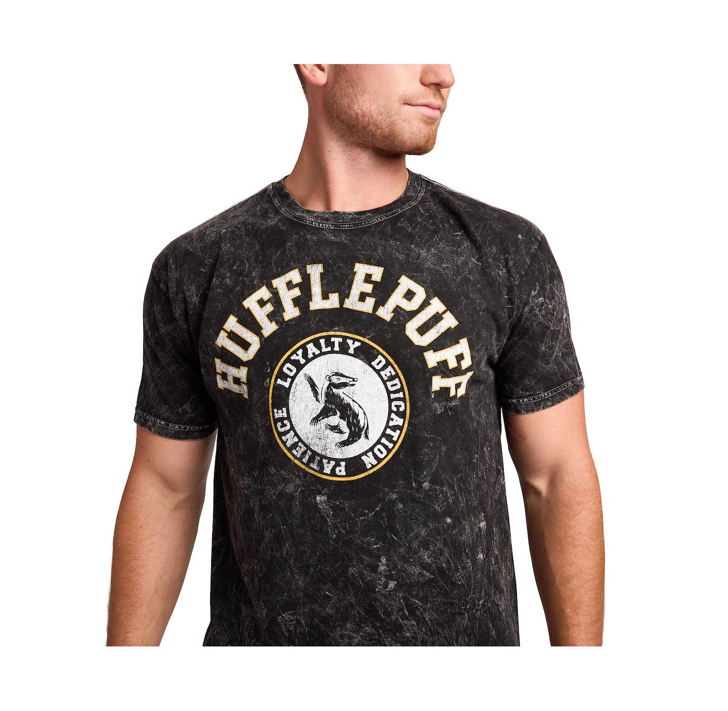 Men's Hufflepuff Varsity Black Vintage Mineral Wash Crew Neck Short Sleeve T-shirt-XXL