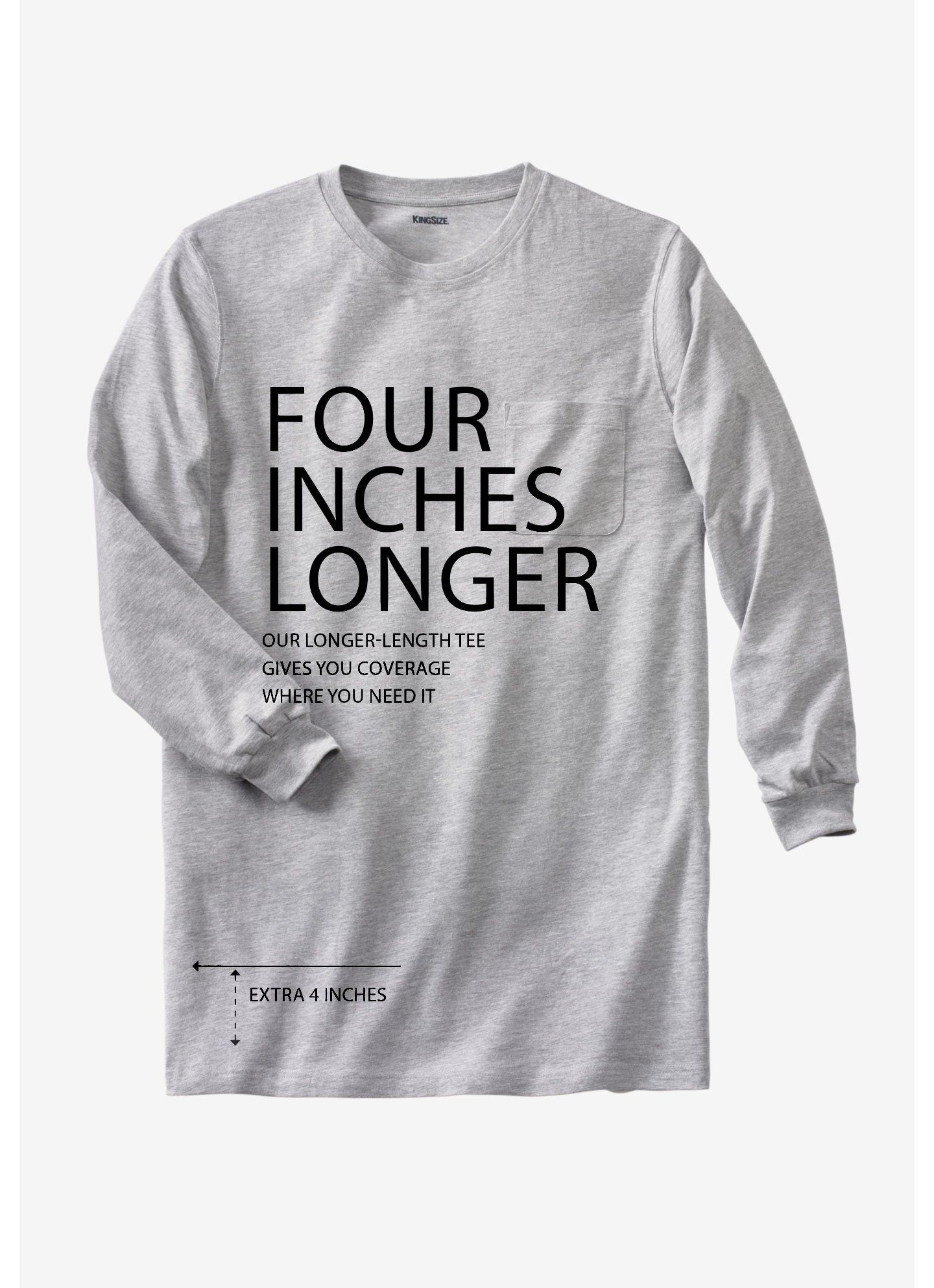 Мужская футболка KingSize Big & Tall Shrink-Less Lightweight Longer-Length Long-Sleeve Crewneck Pocket, цвет: Меланжевый серый — фото 2