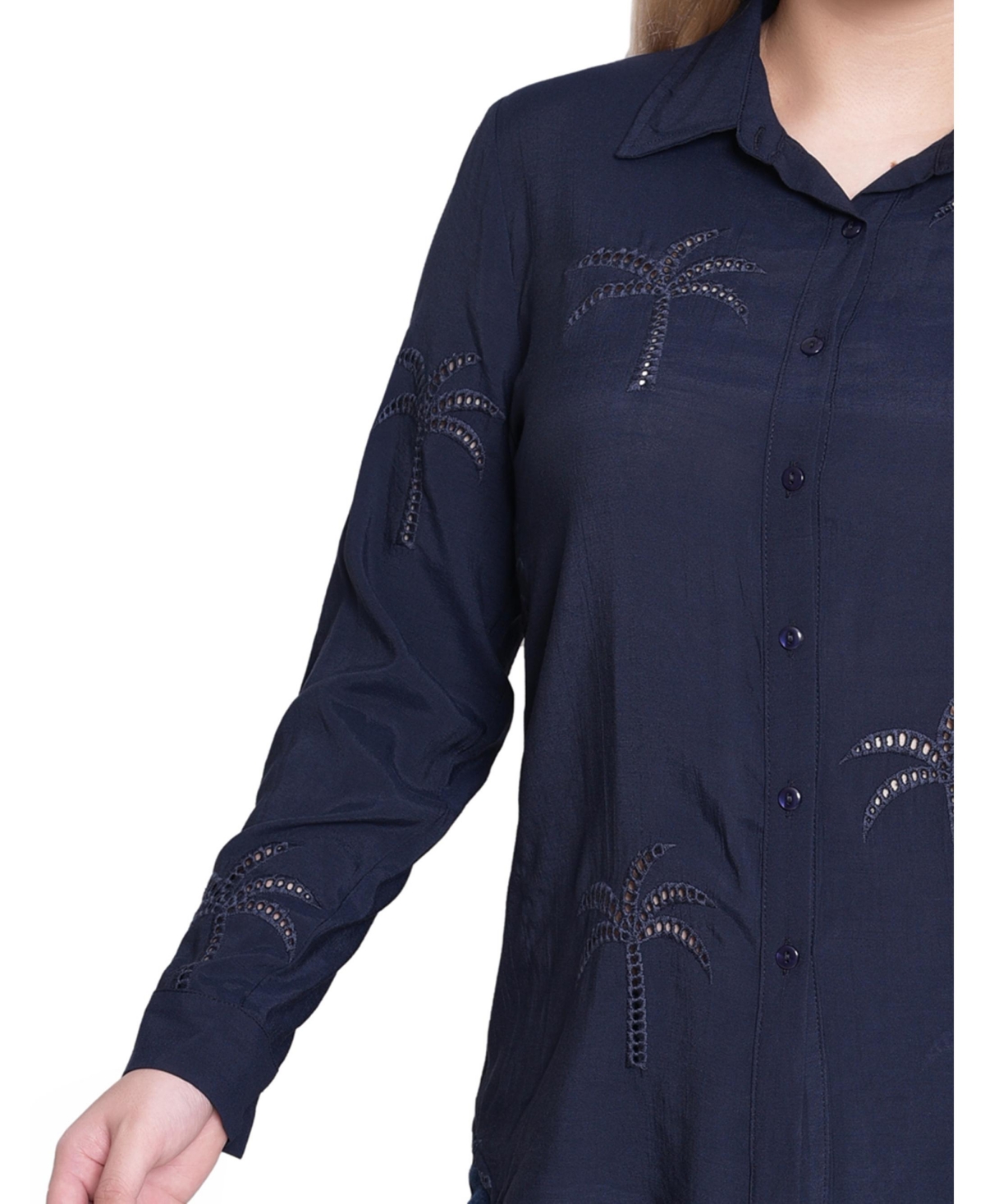 Ny Collection Petite Long Sleeve Palm Tree Top In Blue