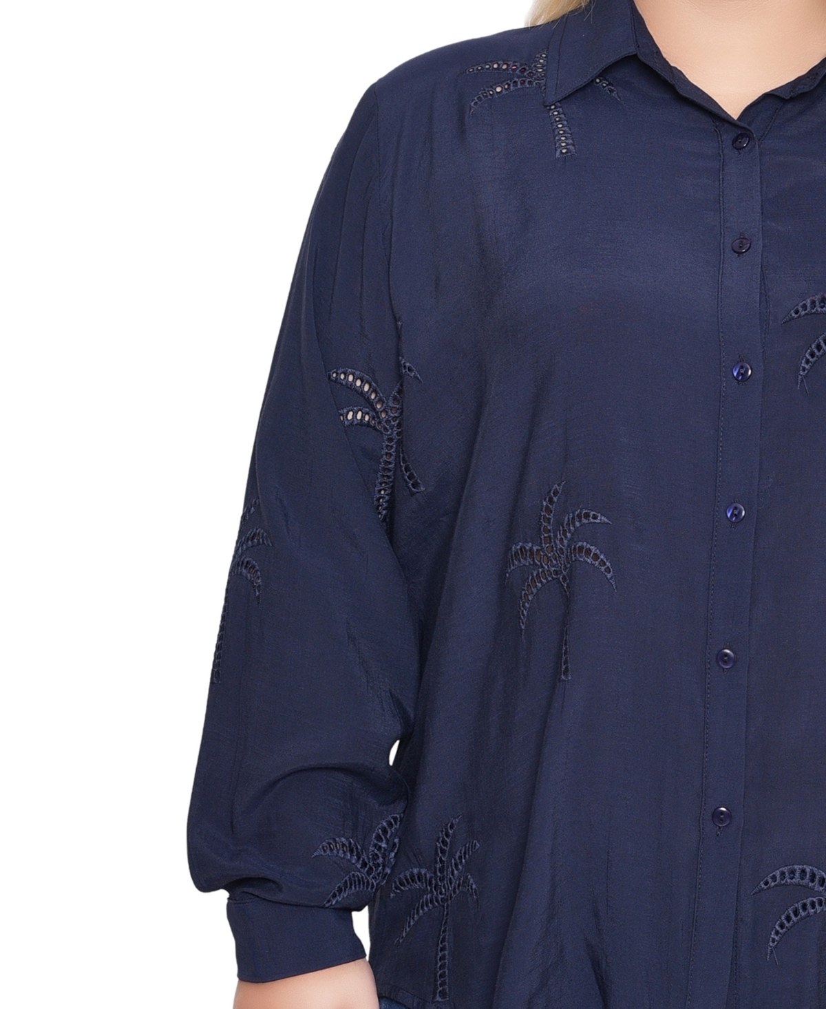 Ny Collection Plus Size Long Sleeve Palm Tree Blouse Top In Blue