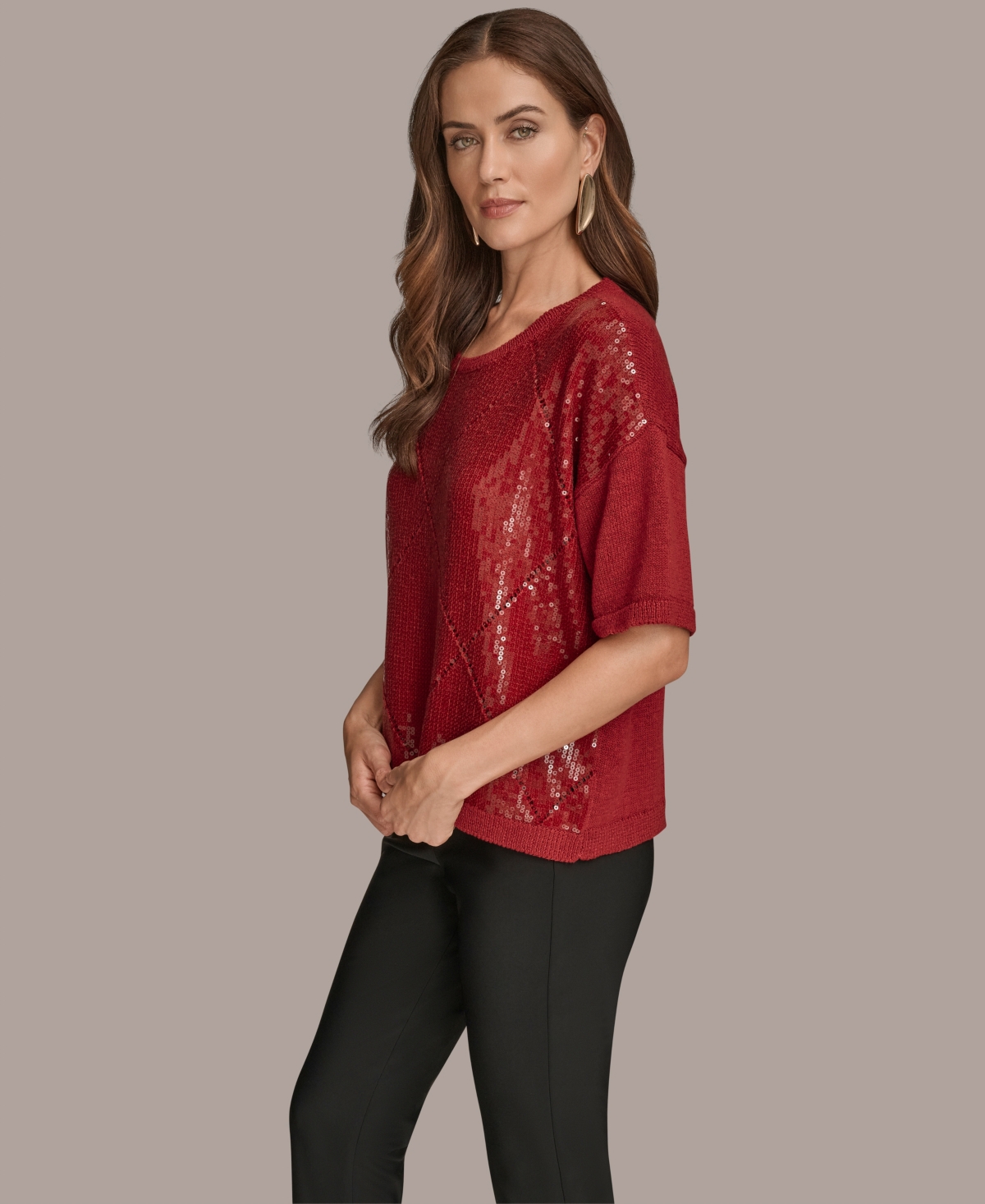 Donna Karan New York Short Sleeve Sequin Sweater In Red