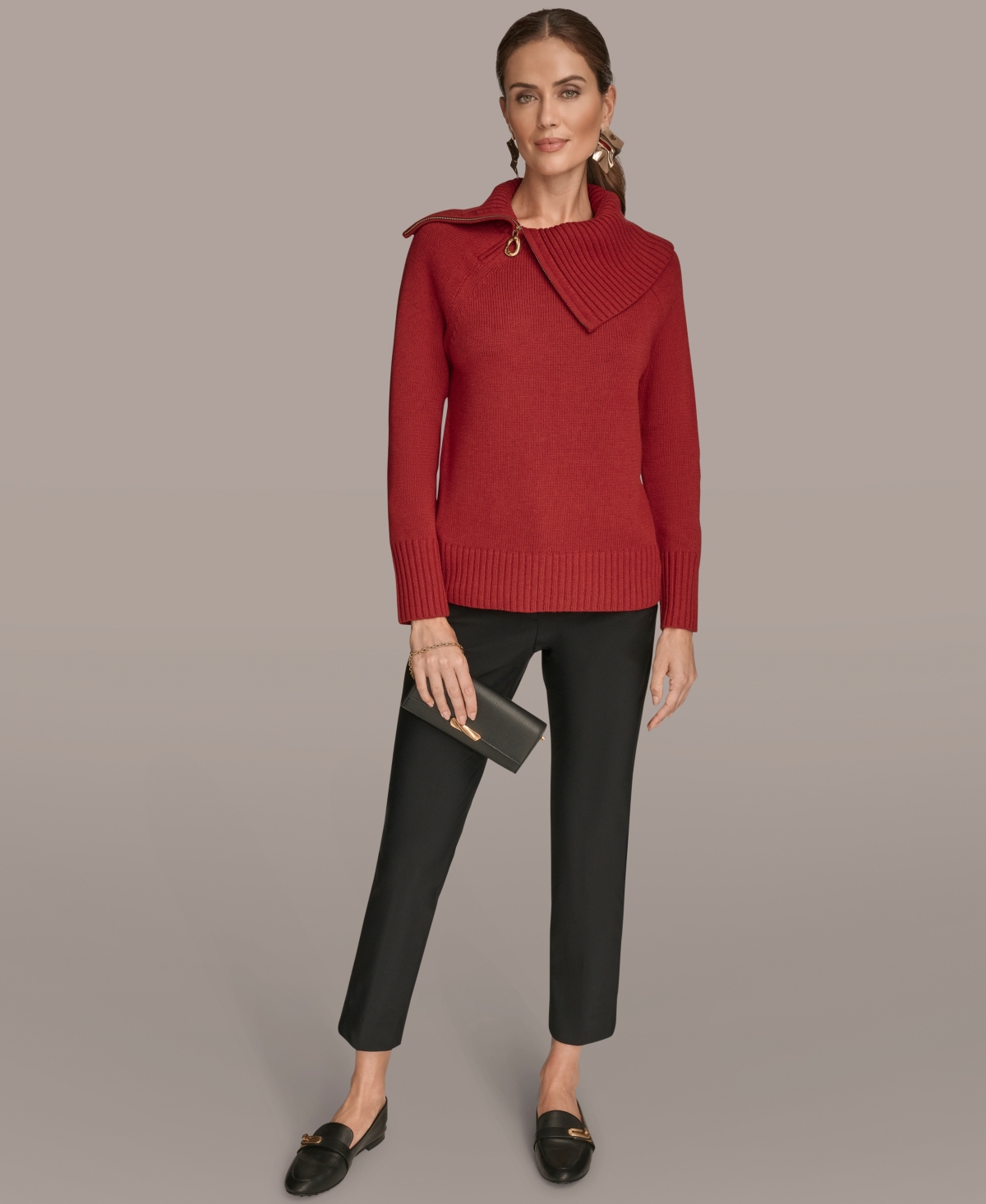 Donna Karan New York Asymmetric Zip Collar Sweater In Red