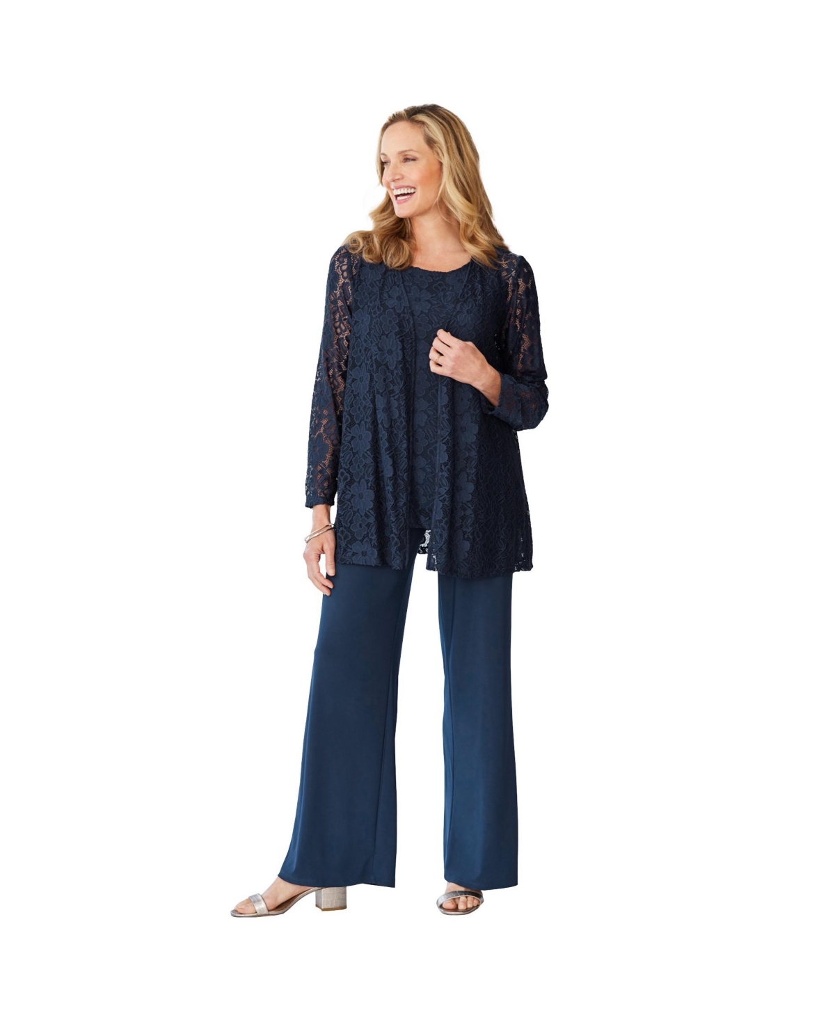 Woman Within Women's Plus Size 3-Piece Lace Jacket/Tank/Pant Set - Navy