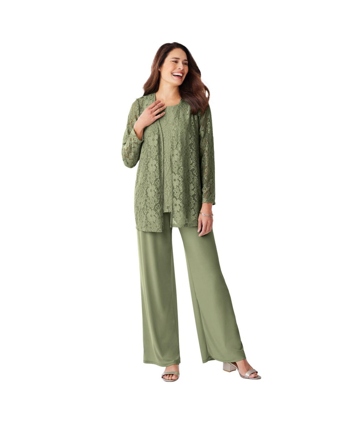 Woman Within Women's Plus Size 3-Piece Lace Jacket/Tank/Pant Set - Sage