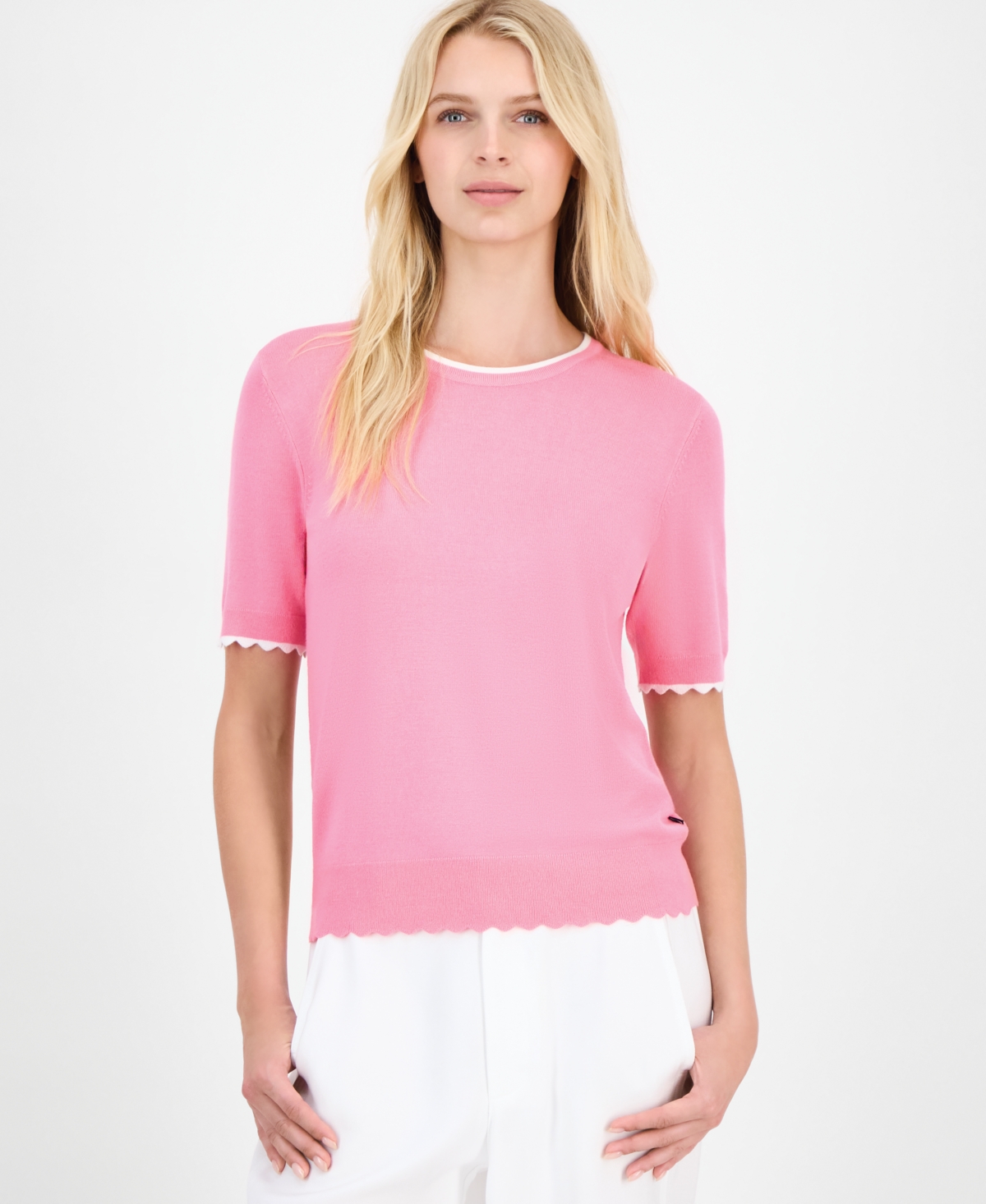 Nautica Jeans Women's Scallop-trim Short Sleeve Crewneck Sweater In Pink