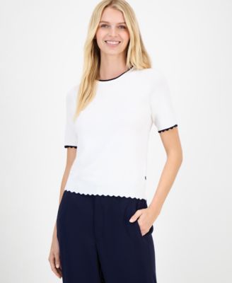 Women's Scallop-Trim Short Sleeve Crewneck Sweater