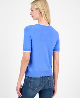 Nautica Women's Scallop-Trim Short Sleeve Crewneck Sweater