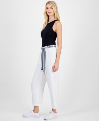 Women's Belted High Rise Straight-Leg Pants