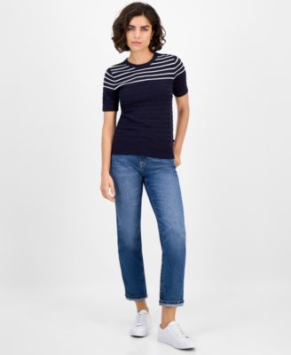 Women's Short-Sleeve Striped Crewneck Sweater