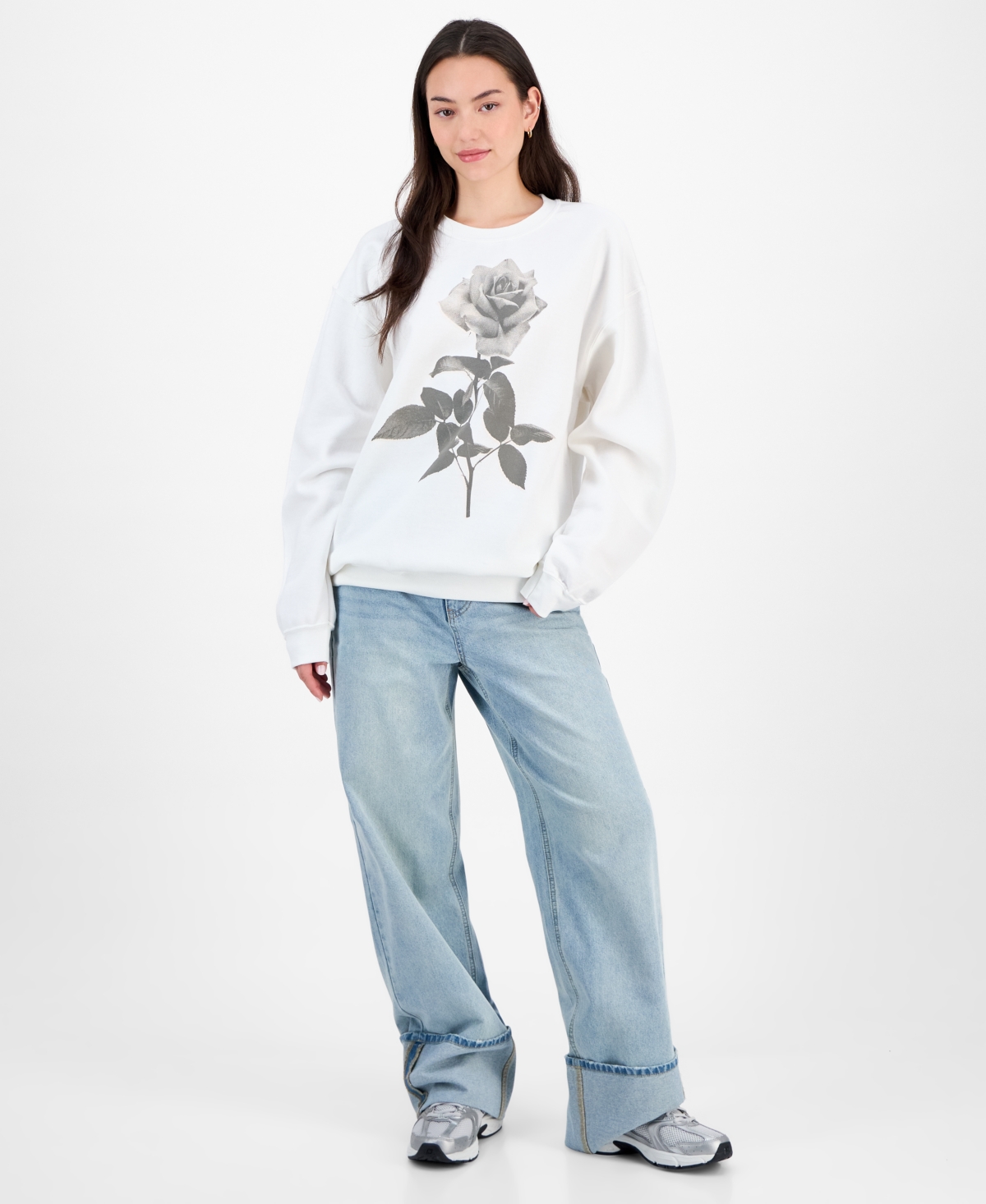Love Tribe Juniors' Rose Photo Graphic Sweatshirt In White