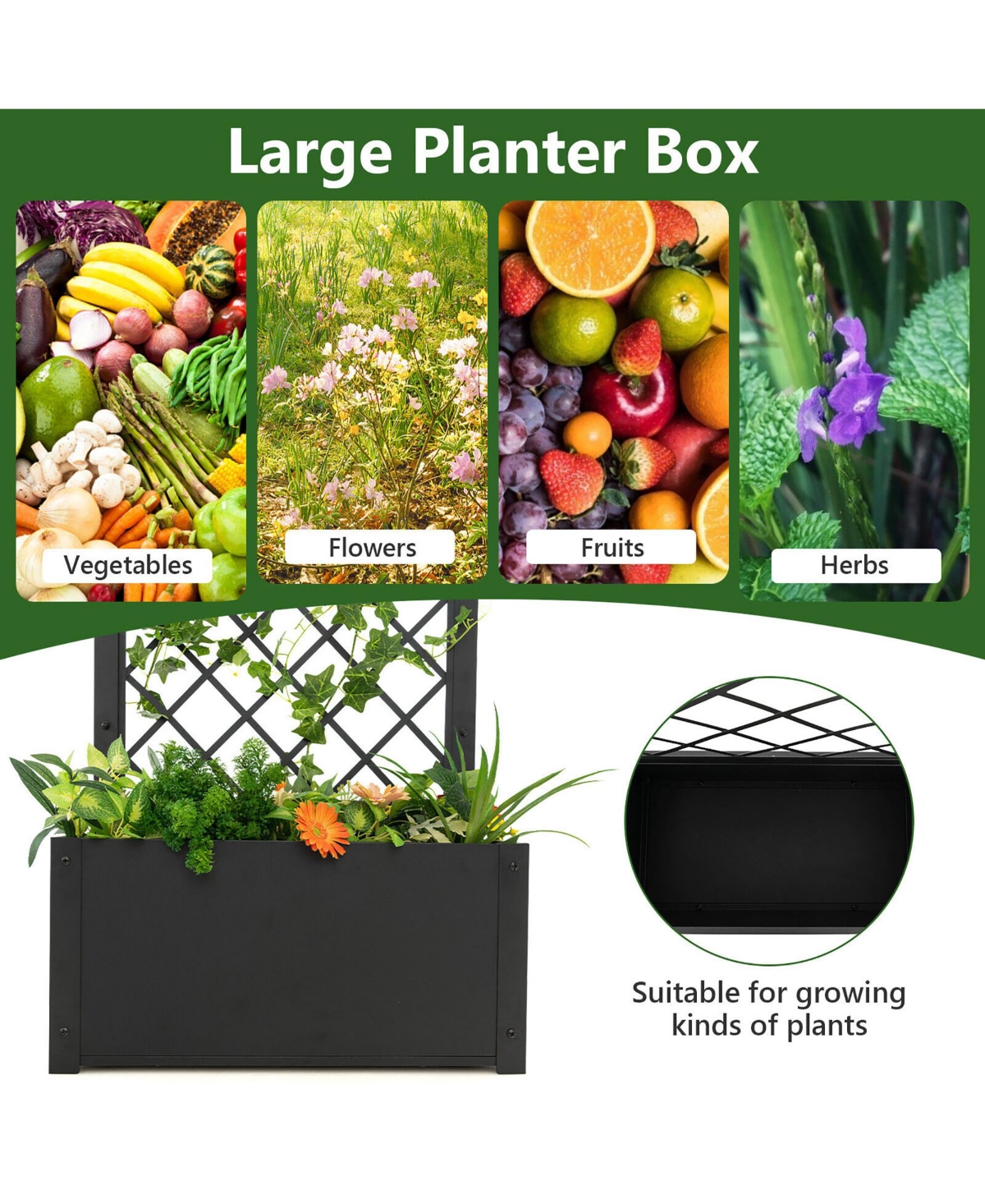 Gymax 2 Pcs Raised Garden Bed with Trellis Metal Planter Box for Climbing Plants