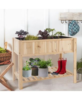47'' Wooden Raised Garden Bed w/Bottom Shelf & Bed Liner Outdoor Elevated Planter Box
