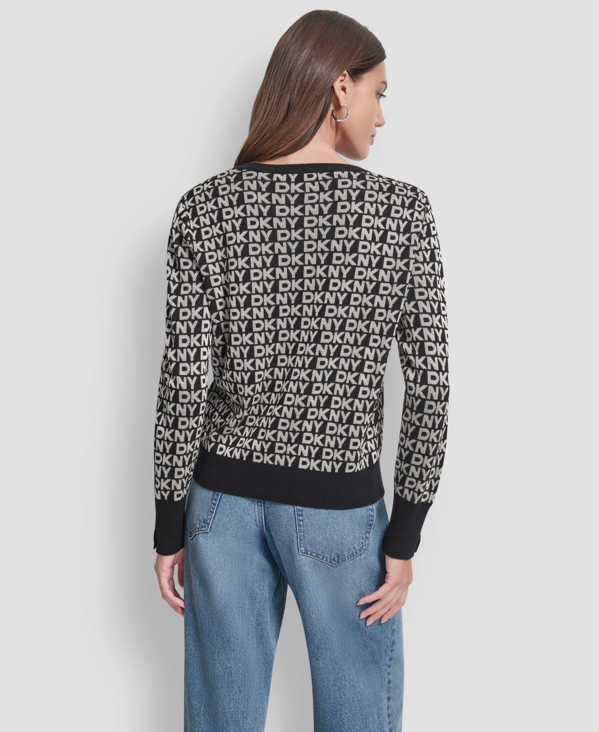 Dkny Jeans Petite Geometric Print Crewneck Sweater In Gray