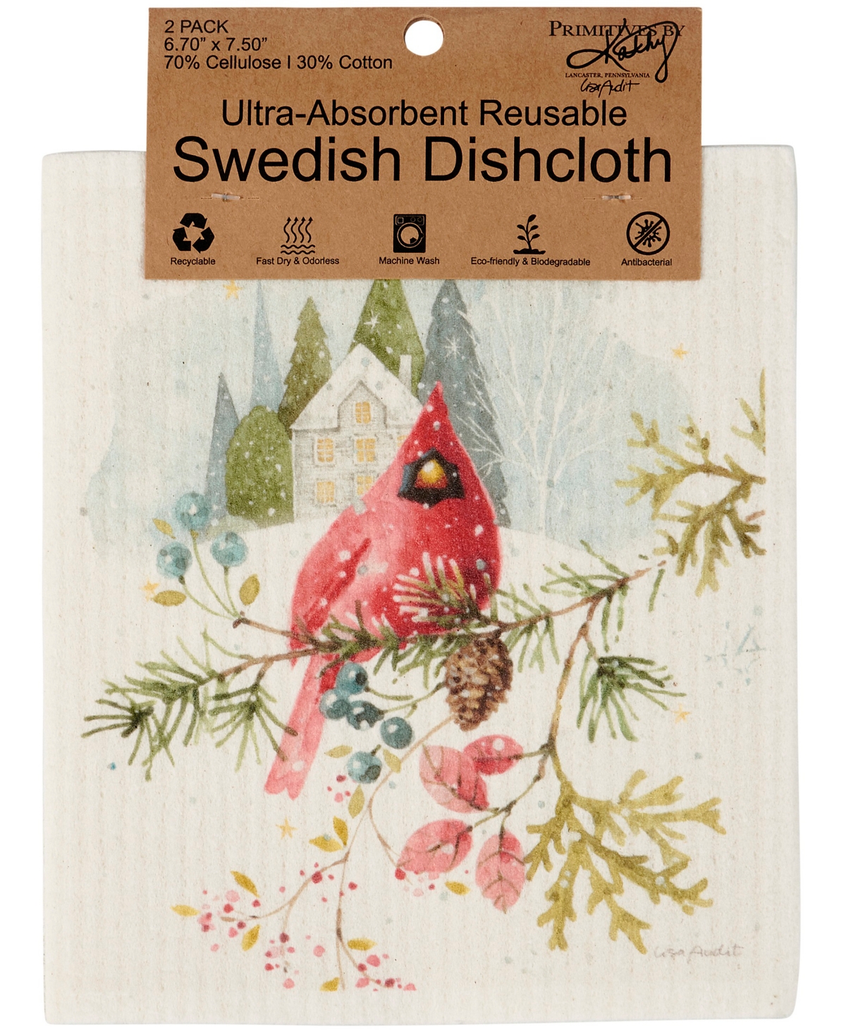 Primitives By Kathy Winter Cardinal Swedish Dishcloth, Set Of 2 In Red