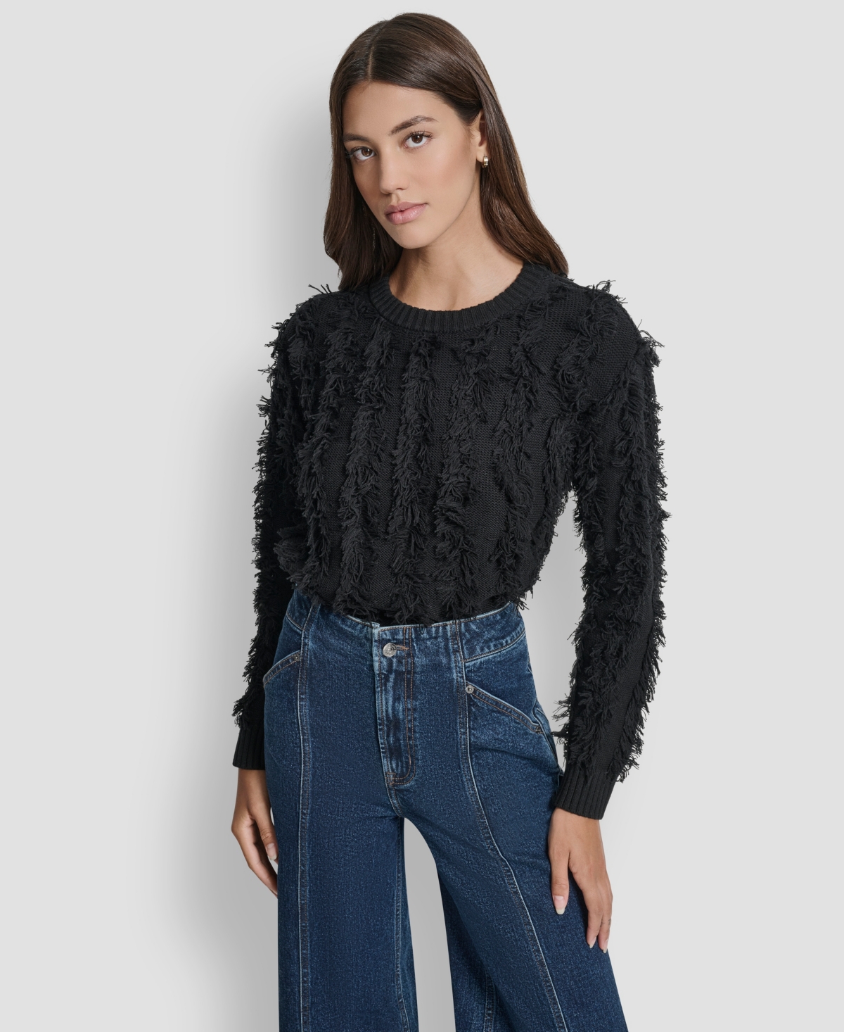Dkny Jeans Petite Fringe Crewneck Sweater In Black